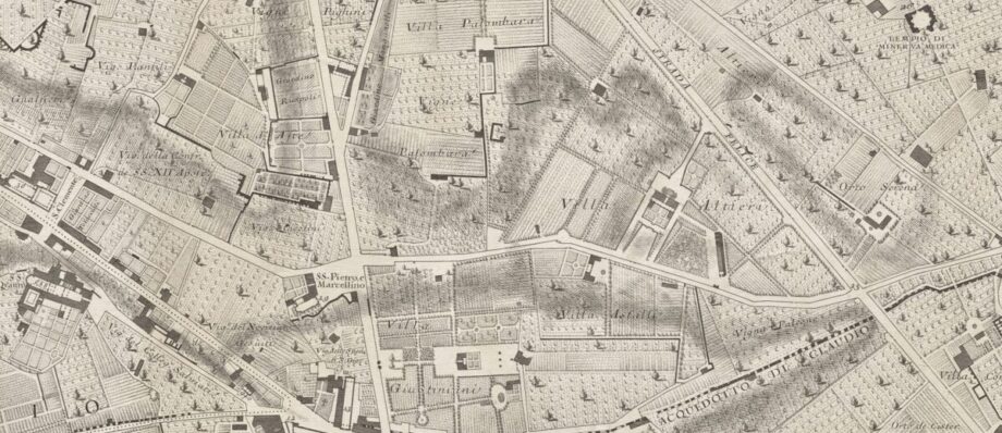 Detailed black-and-white map of a European city with labeled landmarks, streets, buildings, green spaces, and compass rose.