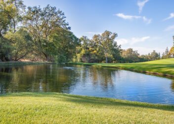 Small pond surrounded by grass and trees beneath a blue sky with light clouds.